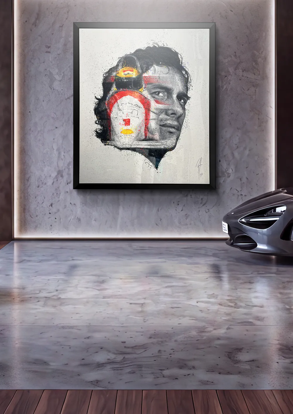 One • 125cm X 147cm 🖌️
This piece was created to capture the intensity that defined Ayrton Senna long before the race began. It is not a portrait of celebration, but of absolute focus. His expression, and particularly his eyes, became the foundation of the work, the art carries a sense of timelessness, while the only colour emerges from within: the iconic McLaren and Senna’s unmistakable yellow helmet. Rather than sitting over the portrait, the car appears to become part of him, fading seamlessly from within his face as a reflection of the bond between driver and machine.