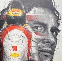 One • 125cm X 147cm 🖌️
This piece was created to capture the intensity that defined Ayrton Senna long before the race began. It is not a portrait of celebration, but of absolute focus. His expression, and particularly his eyes, became the foundation of the work, the art carries a sense of timelessness, while the only colour emerges from within: the iconic McLaren and Senna’s unmistakable yellow helmet. Rather than sitting over the portrait, the car appears to become part of him, fading seamlessly from within his face as a reflection of the bond between driver and machine.